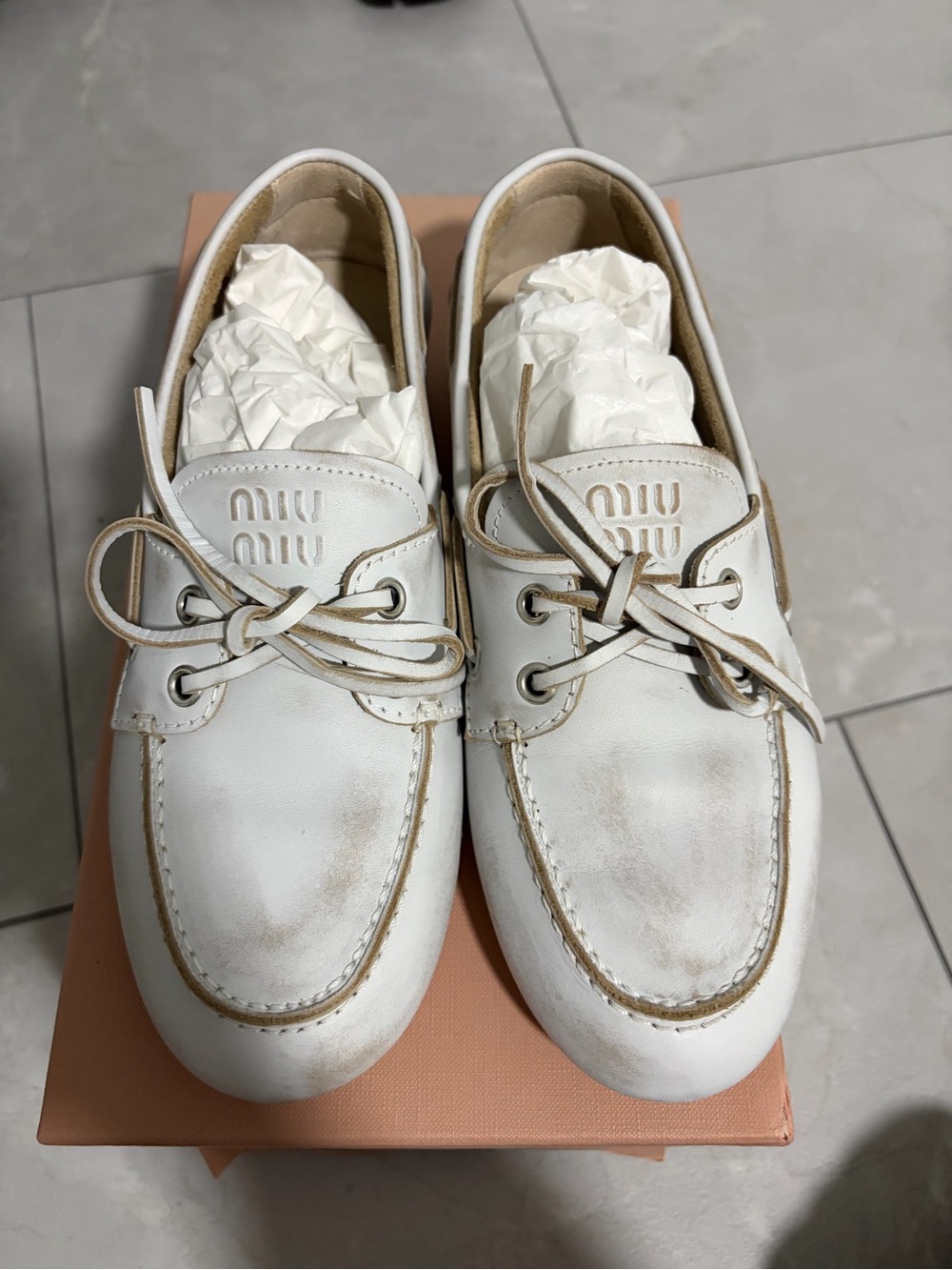 Miu Miu White Leather Lace-Up Boat Shoes